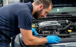 Technician cleaning car engine bay